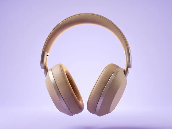 Aubrel One headphones from the front, floating over a soft lavender background