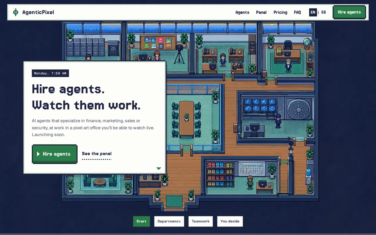 AgenticPixel website: AI agents at work in a pixel-art office