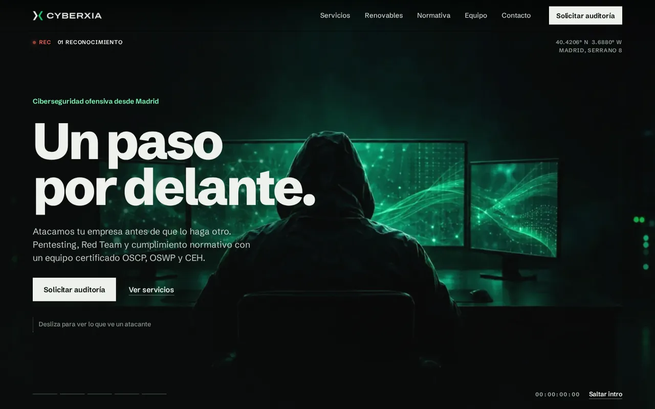 CyberXia Security website: a scroll-driven tour of an office building from an attacker’s point of view